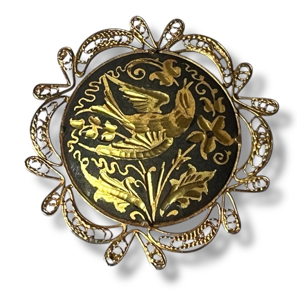 Damascene Round Bird Floral Filagree Gold Black Pin Brooch